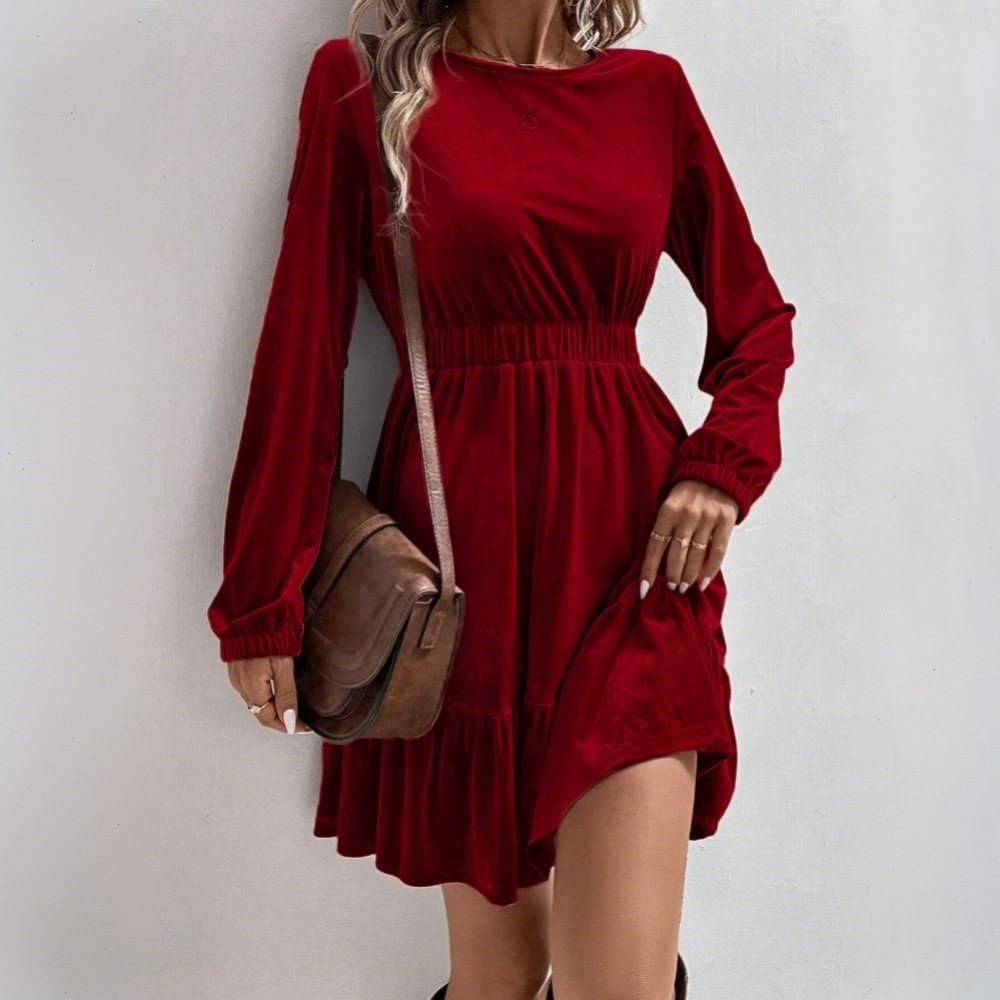 Midi Dress - Europäisch-Amerikanischer Stil Samt-Minikleid Langarm Elastische Taille