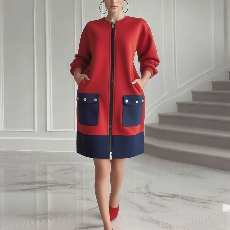 Women'S Red Formal Wear - Modigirl Kontrastfarbe, lange Ärmel, Kleider für