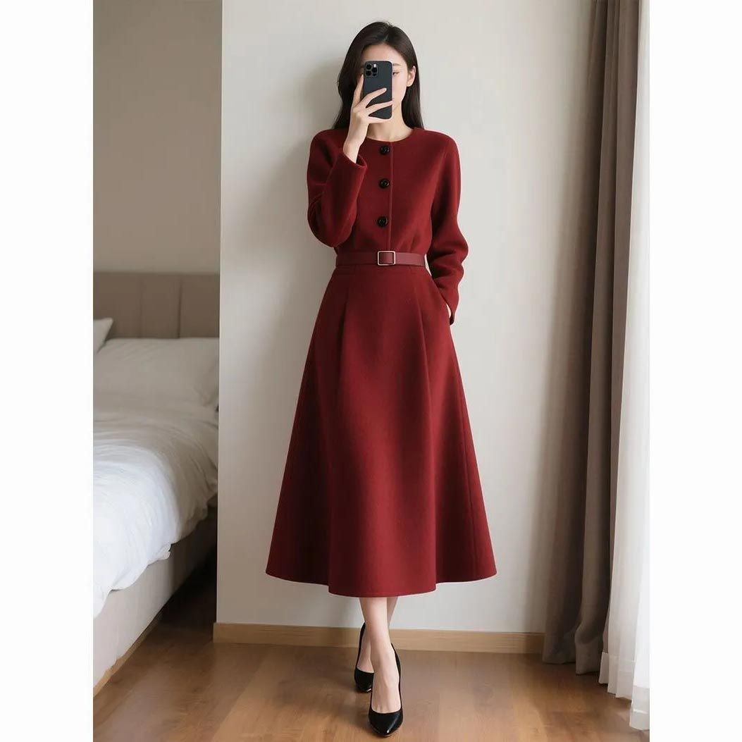 Women'S Red Formal Wear - Rotes Retro-Kleid mit hochwertigem Taillenband und
